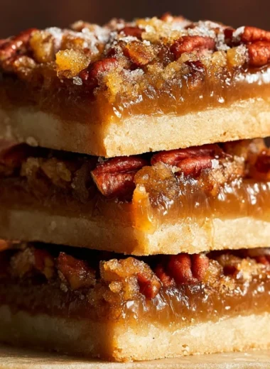 Delicious pecan pie bars served on a plate, topped with chopped pecans.