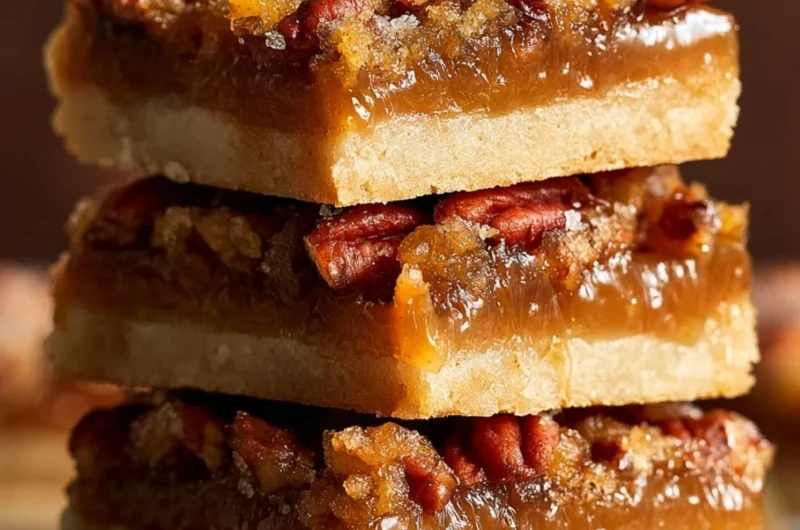 Delicious pecan pie bars served on a plate, topped with chopped pecans.