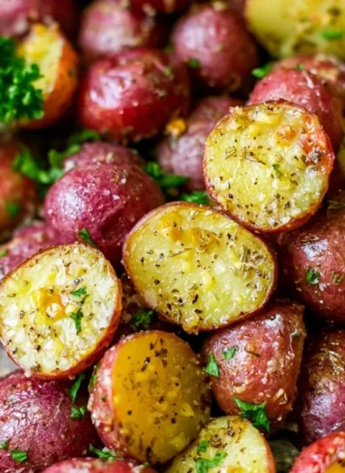 Delicious roasted red potatoes garnished with herbs and spices