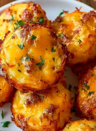 Plate of crispy Sausage Hashbrown Bites served with dipping sauce