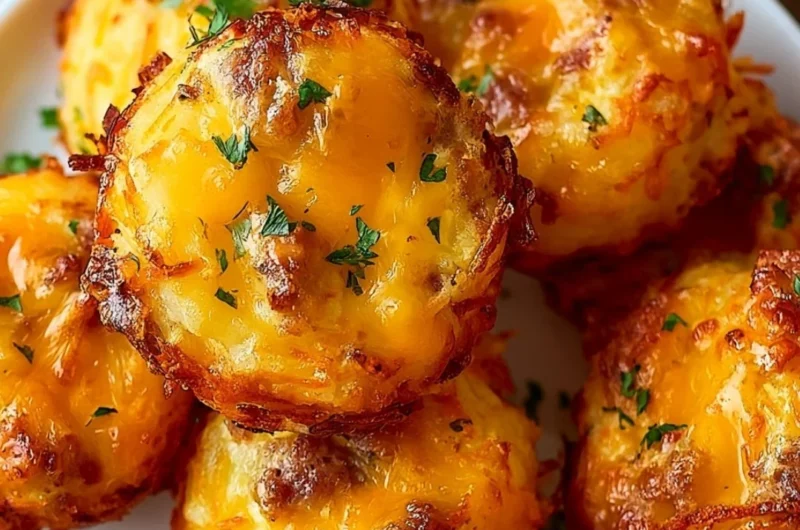 Plate of crispy Sausage Hashbrown Bites served with dipping sauce