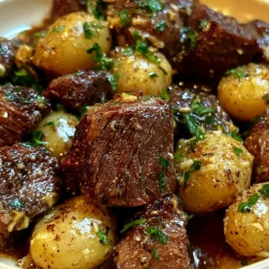 Slow cooker garlic butter beef bites served with potatoes