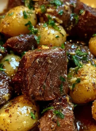 Slow cooker garlic butter beef bites served with potatoes