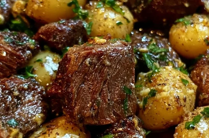 Slow cooker garlic butter beef bites served with potatoes