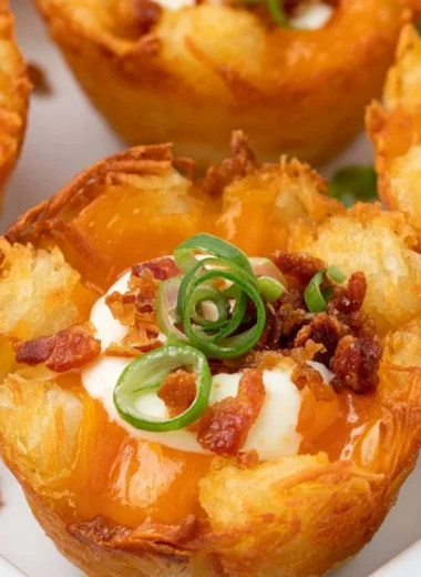 Loaded tater tot cups filled with gooey cheese, perfect for a party appetizer.