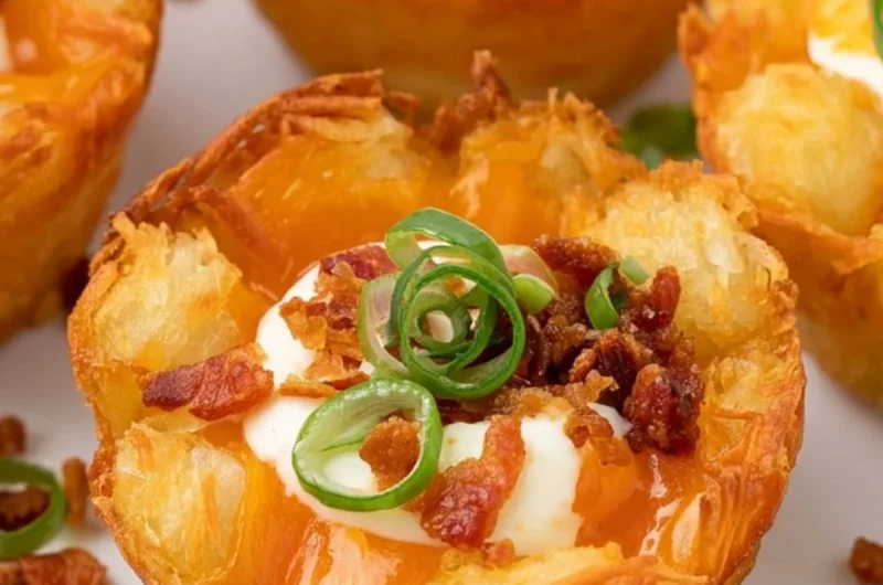 Loaded tater tot cups filled with gooey cheese, perfect for a party appetizer.