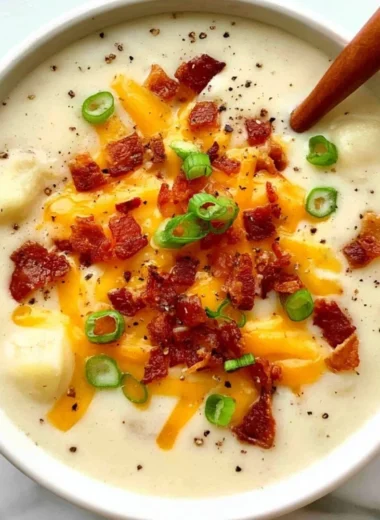 Creamy loaded potato soup topped with bacon, cheese, and herbs in a bowl.