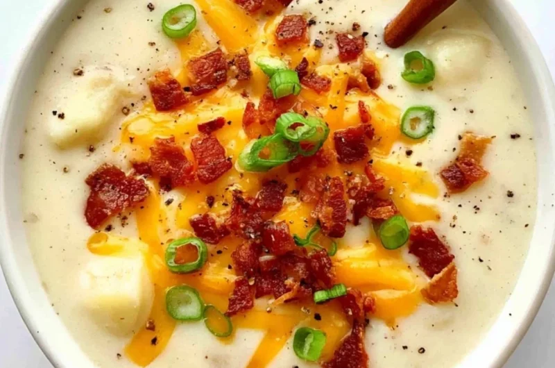 Creamy loaded potato soup topped with bacon, cheese, and herbs in a bowl.